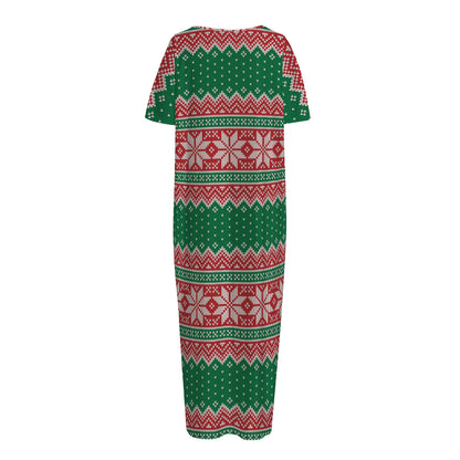 Christmas Knitted Pattern Print Short Sleeve Long Nightdress