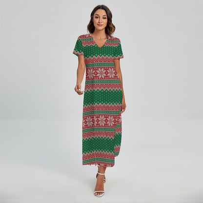 Christmas Knitted Pattern Print Short Sleeve Maxi Dress