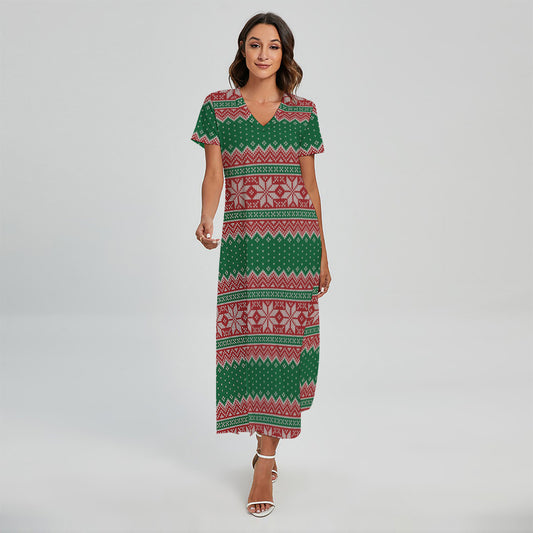 Christmas Knitted Pattern Print Short Sleeve Maxi Dress