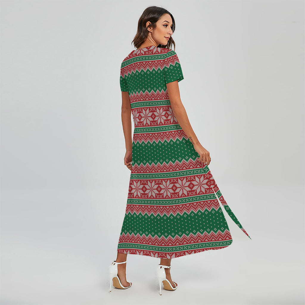 Christmas Knitted Pattern Print Short Sleeve Maxi Dress