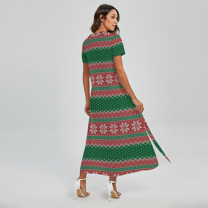 Christmas Knitted Pattern Print Short Sleeve Maxi Dress