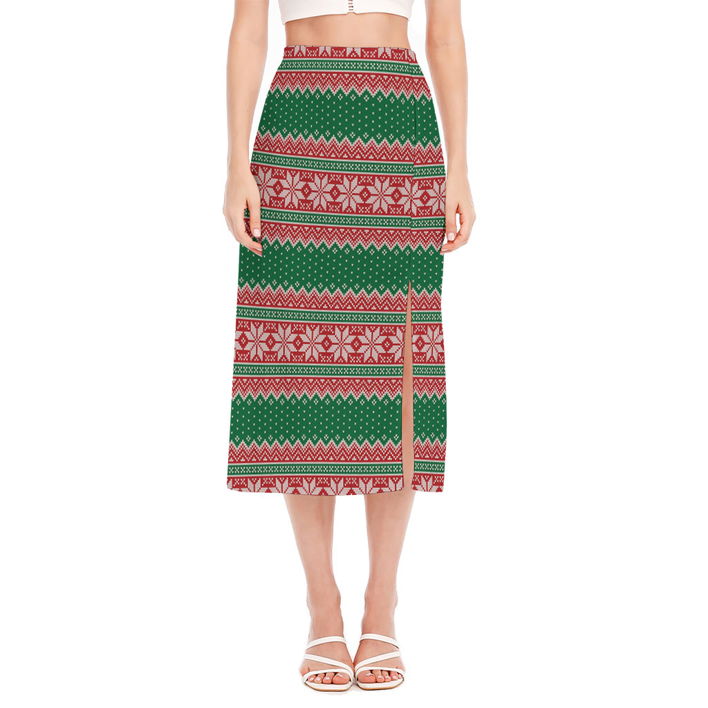 Christmas Knitted Pattern Print Side Slit Midi Skirt