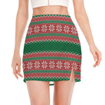 Christmas Knitted Pattern Print Side Slit Mini Skirt