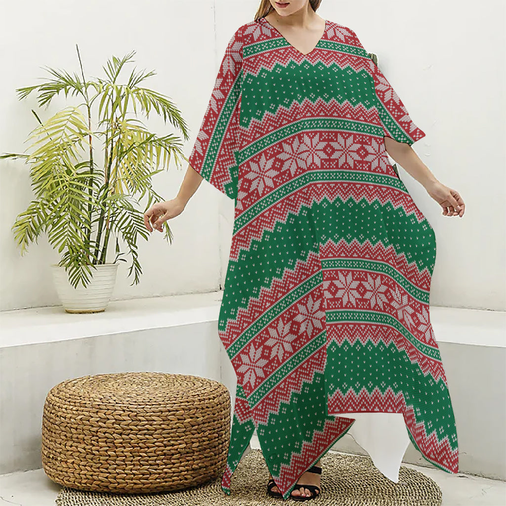 Christmas Knitted Pattern Print Silk V-Neck Kaftan Dress