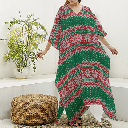 Christmas Knitted Pattern Print Silk V-Neck Kaftan Dress