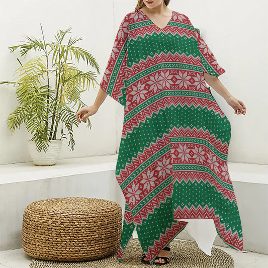 Christmas Knitted Pattern Print Silk V-Neck Kaftan Dress