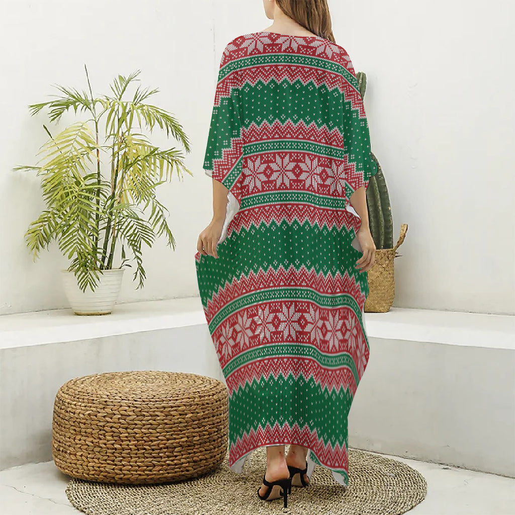 Christmas Knitted Pattern Print Silk V-Neck Kaftan Dress