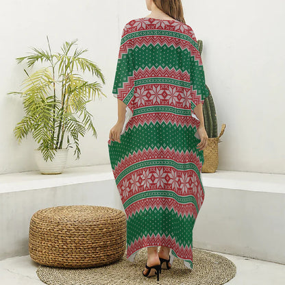 Christmas Knitted Pattern Print Silk V-Neck Kaftan Dress