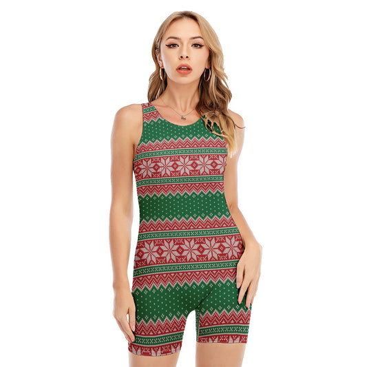 Christmas Knitted Pattern Print Sleeveless One Piece Swimsuit