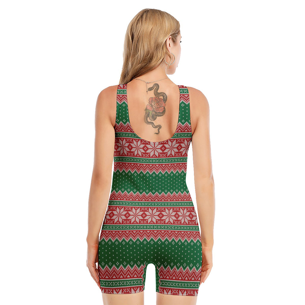 Christmas Knitted Pattern Print Sleeveless One Piece Swimsuit