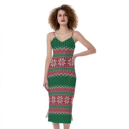 Christmas Knitted Pattern Print Slim Fit Midi Cami Dress