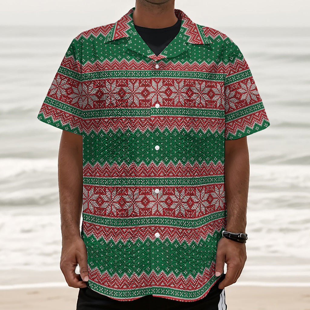 Christmas Knitted Pattern Print Textured Short Sleeve Shirt