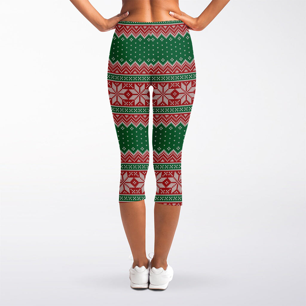 Christmas Knitted Pattern Print Women's Capri Leggings