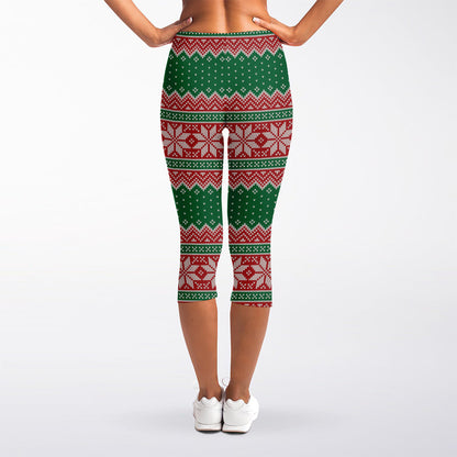 Christmas Knitted Pattern Print Women's Capri Leggings