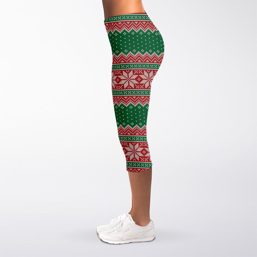 Christmas Knitted Pattern Print Women's Capri Leggings