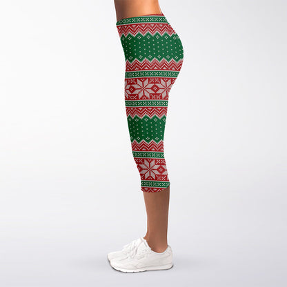 Christmas Knitted Pattern Print Women's Capri Leggings