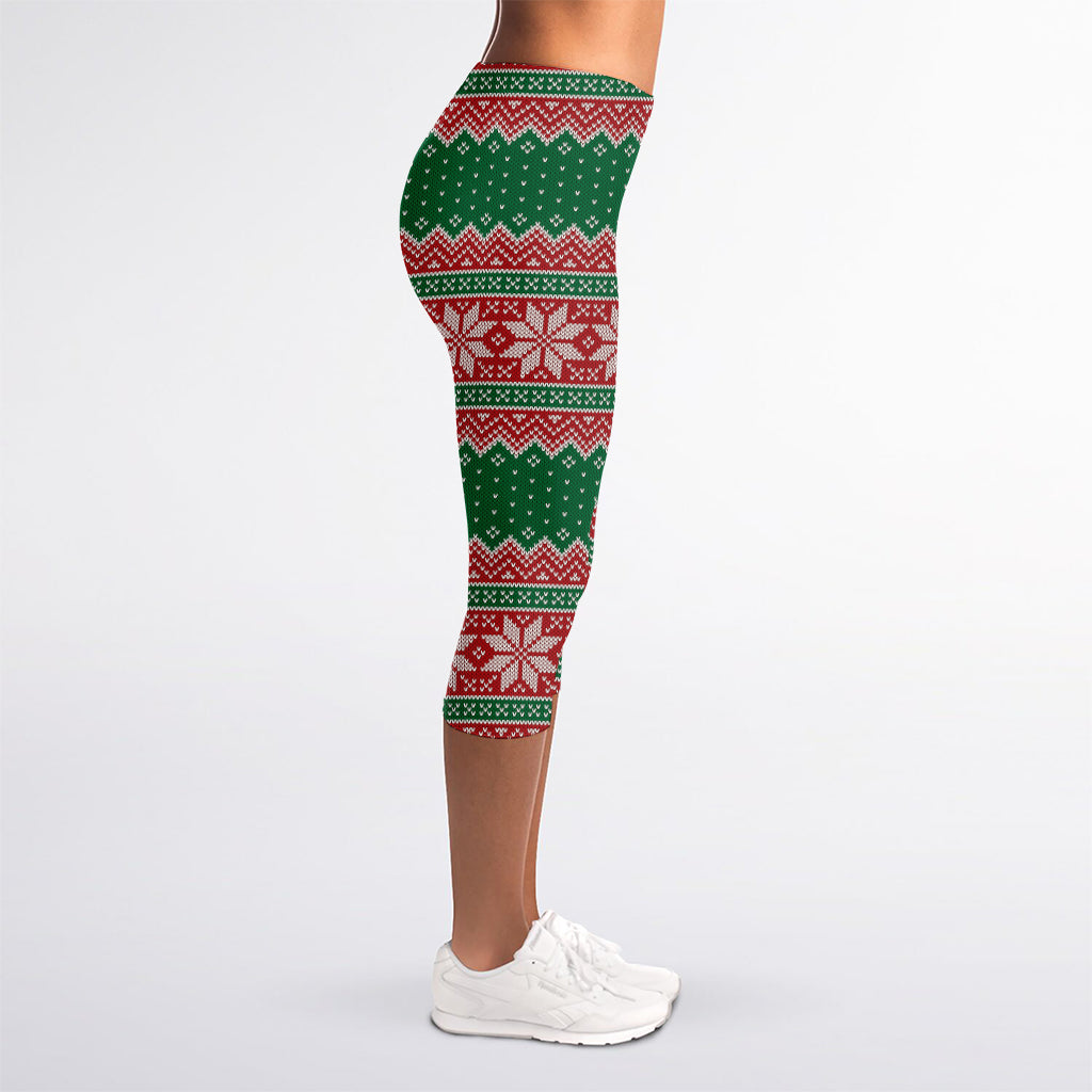 Christmas Knitted Pattern Print Women's Capri Leggings