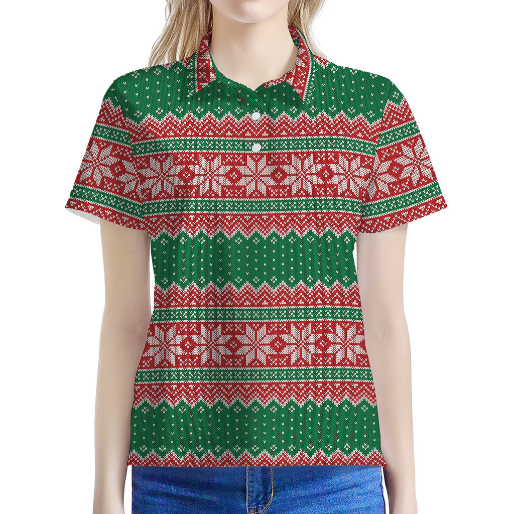 Christmas Knitted Pattern Print Women's Polo Shirt