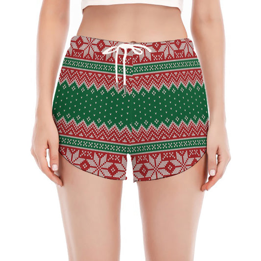 Christmas Knitted Pattern Print Women's Split Running Shorts