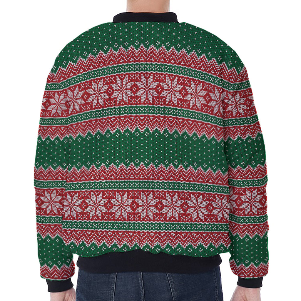 Christmas Knitted Pattern Print Zip Sleeve Bomber Jacket