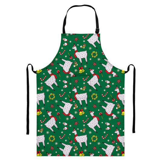 Christmas Llama Pattern Print Bib Apron With Pocket