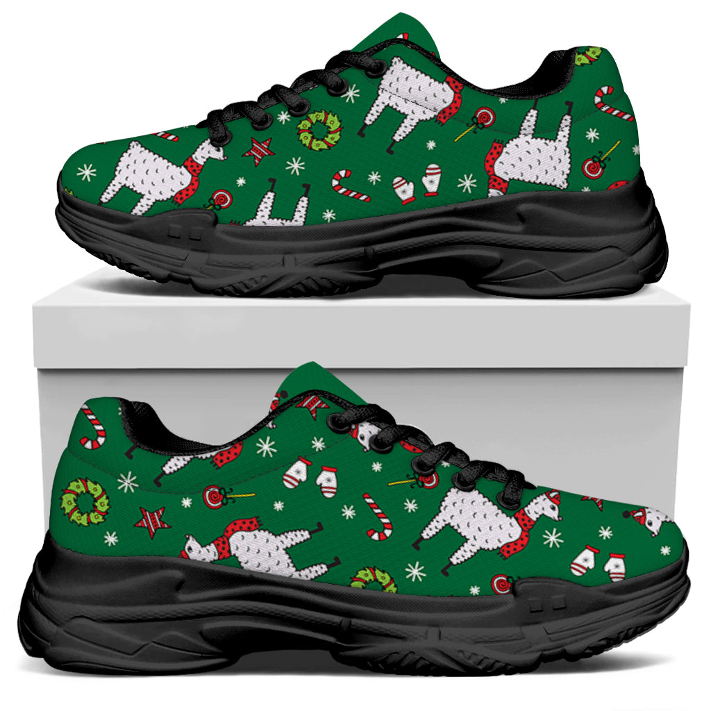 Christmas Llama Pattern Print Black Chunky Shoes