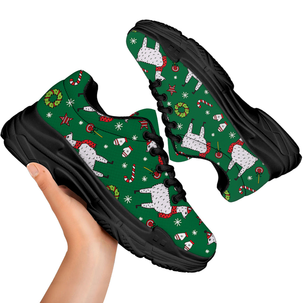 Christmas Llama Pattern Print Black Chunky Shoes