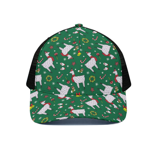 Christmas Llama Pattern Print Black Mesh Trucker Cap