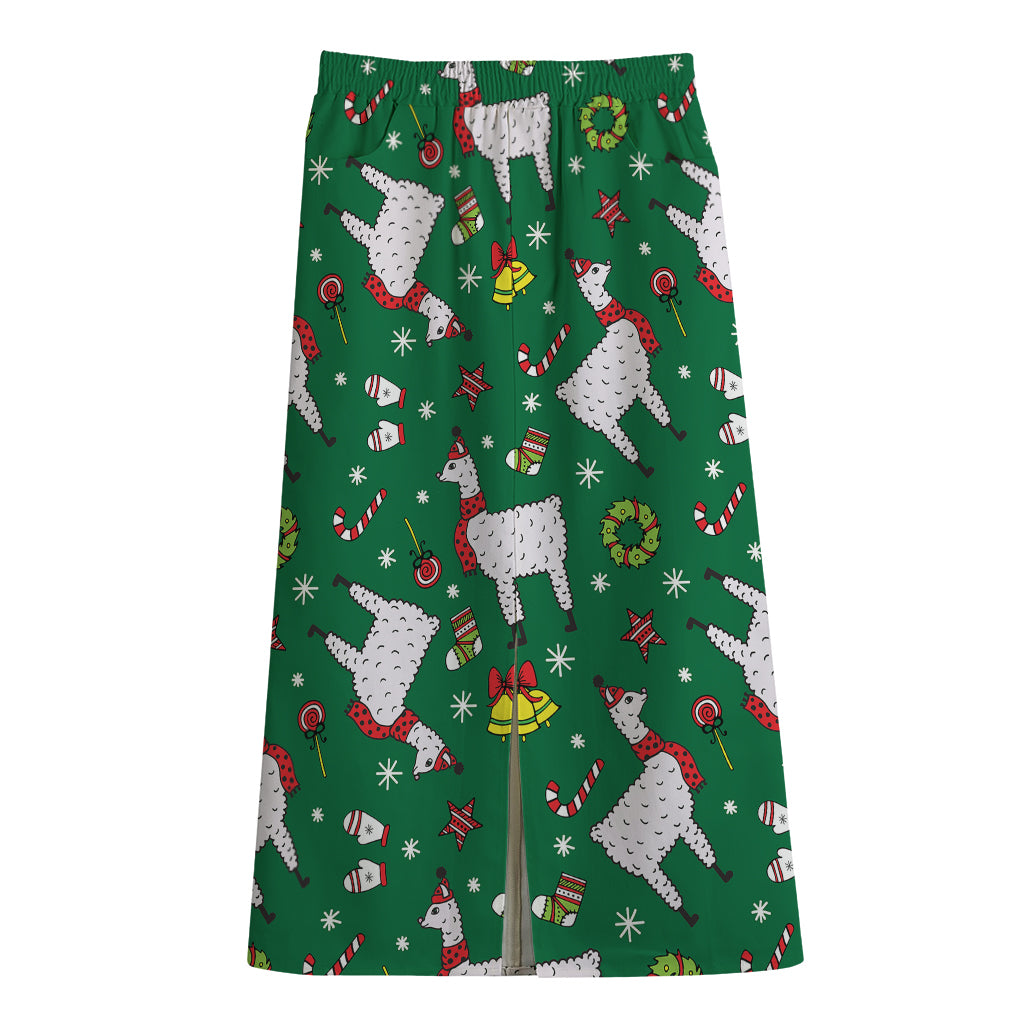 Christmas Llama Pattern Print Cotton Front Slit Maxi Skirt