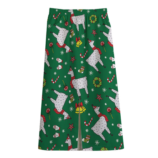 Christmas Llama Pattern Print Cotton Front Slit Maxi Skirt