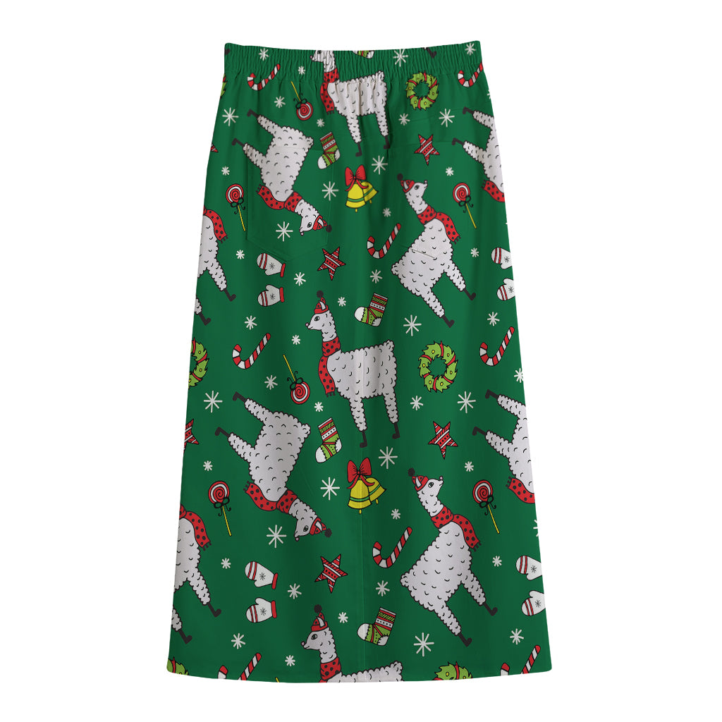 Christmas Llama Pattern Print Cotton Front Slit Maxi Skirt
