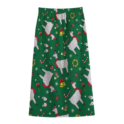 Christmas Llama Pattern Print Cotton Front Slit Maxi Skirt