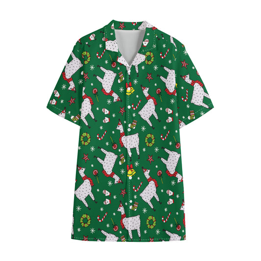 Christmas Llama Pattern Print Cotton Hawaiian Shirt
