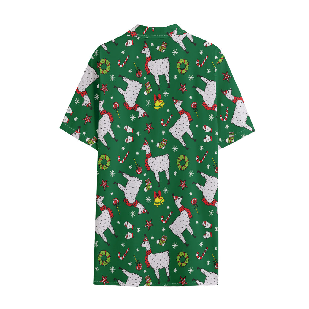 Christmas Llama Pattern Print Cotton Hawaiian Shirt