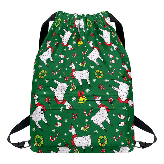 Christmas Llama Pattern Print Drawstring Backpack