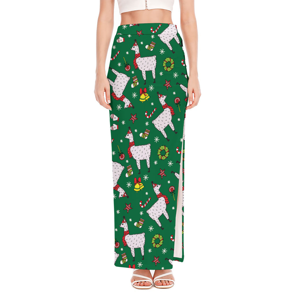 Christmas Llama Pattern Print High Slit Maxi Skirt
