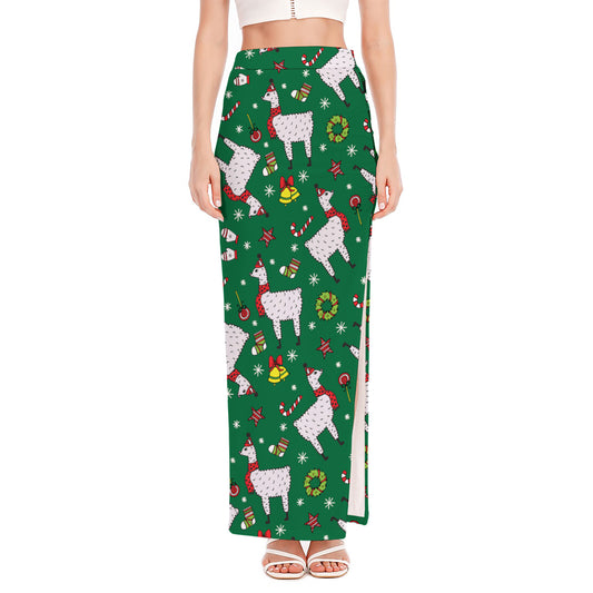 Christmas Llama Pattern Print High Slit Maxi Skirt
