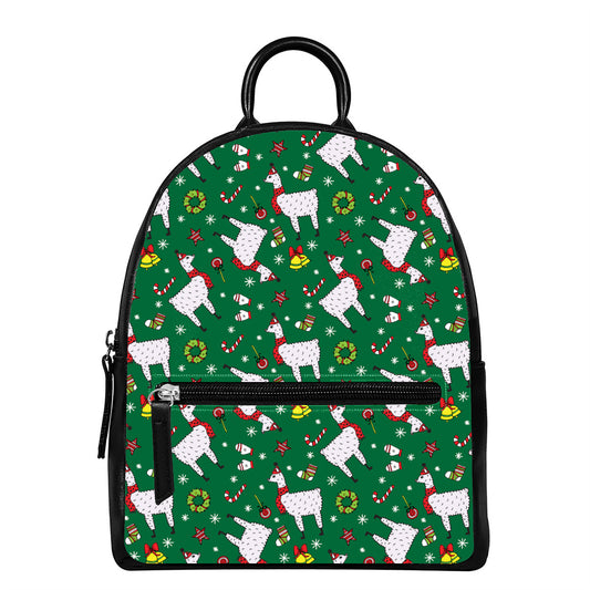 Christmas Llama Pattern Print Leather Backpack