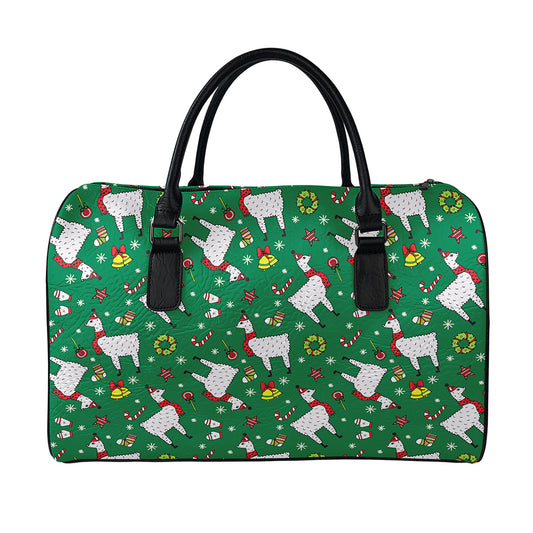 Christmas Llama Pattern Print Leather Duffle Bag