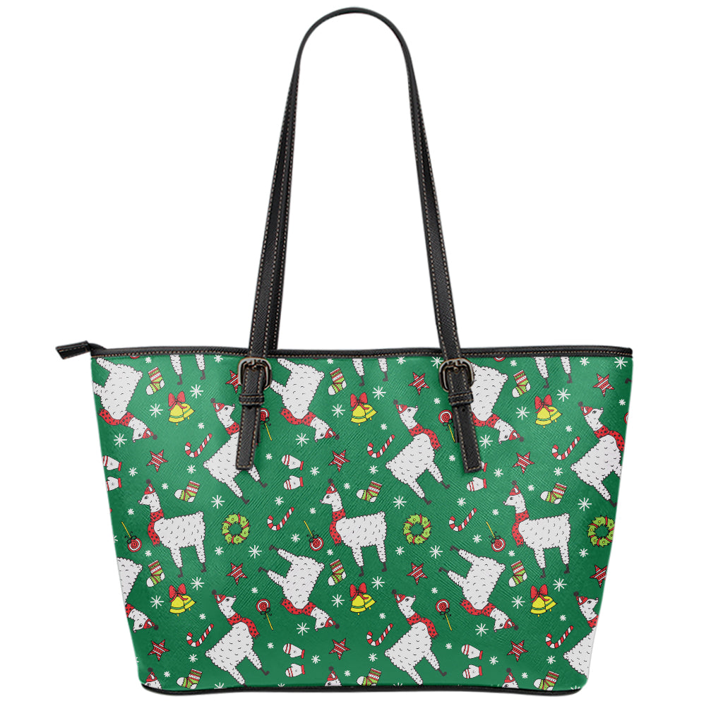 Christmas Llama Pattern Print Leather Tote Bag