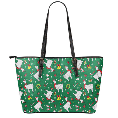 Christmas Llama Pattern Print Leather Tote Bag