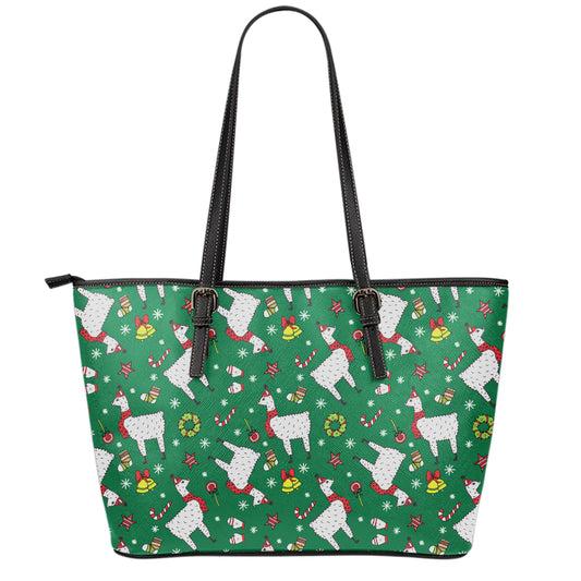 Christmas Llama Pattern Print Leather Tote Bag