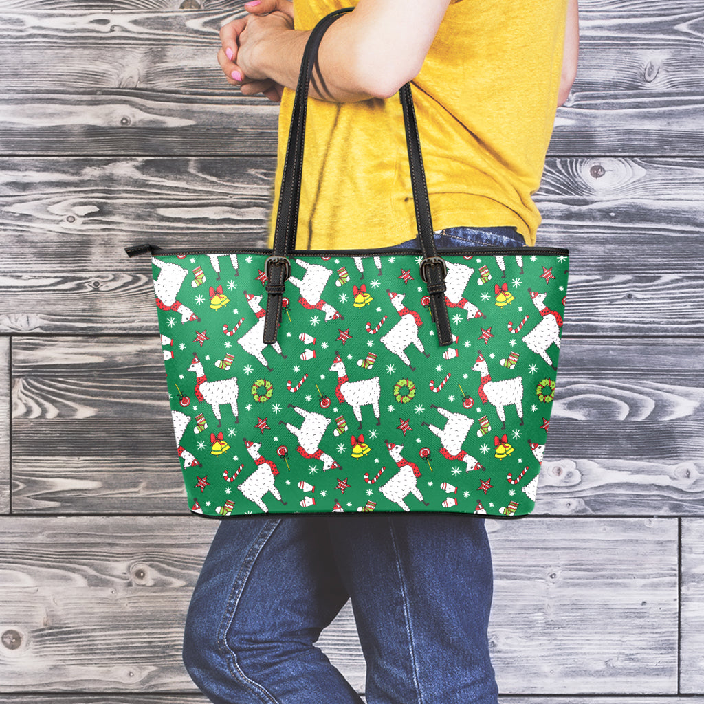 Christmas Llama Pattern Print Leather Tote Bag