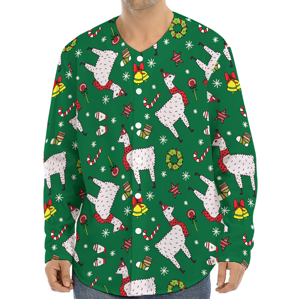 Christmas Llama Pattern Print Long Sleeve Baseball Jersey