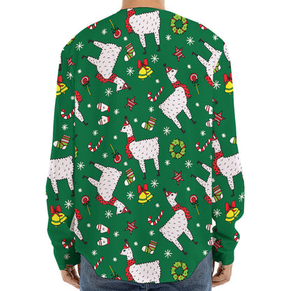 Christmas Llama Pattern Print Long Sleeve Baseball Jersey