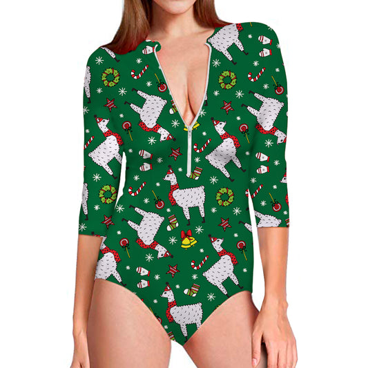 Christmas Llama Pattern Print Long Sleeve Swimsuit