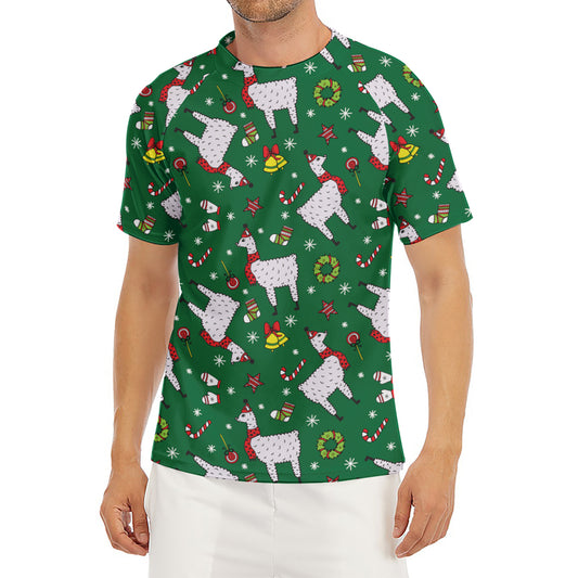 Christmas Llama Pattern Print Men's Short Sleeve Rash Guard
