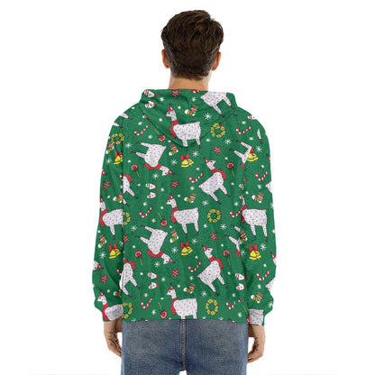 Christmas Llama Pattern Print Men's Velvet Pullover Hoodie