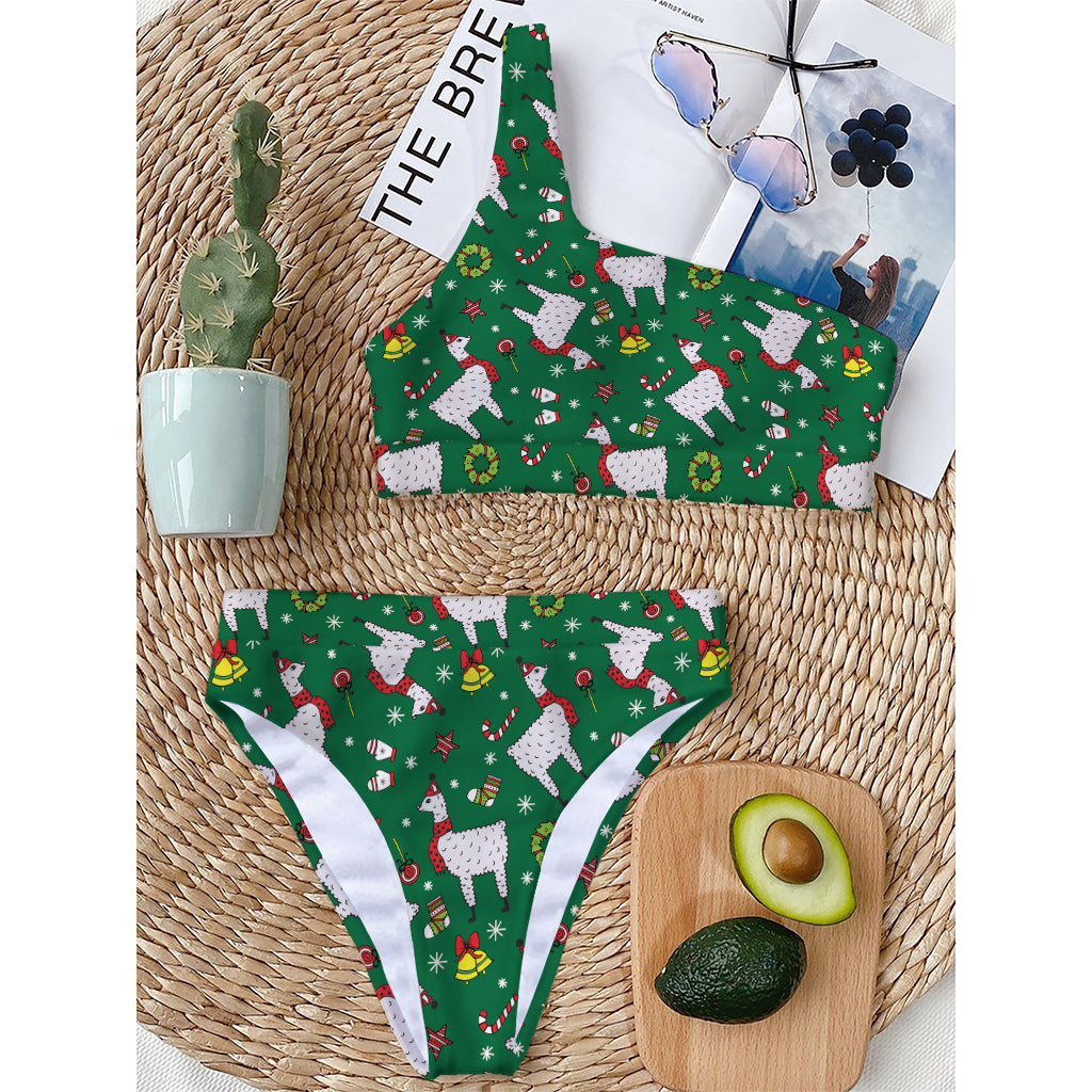 Christmas Llama Pattern Print One Shoulder Bikini Top