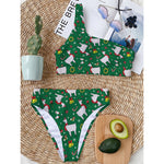 Christmas Llama Pattern Print One Shoulder Bikini Top